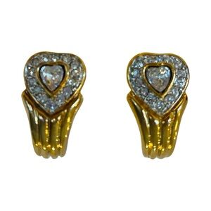 Vintage 80s Gold Tone and Diamond Rhinestone Heart Clip On Earrings